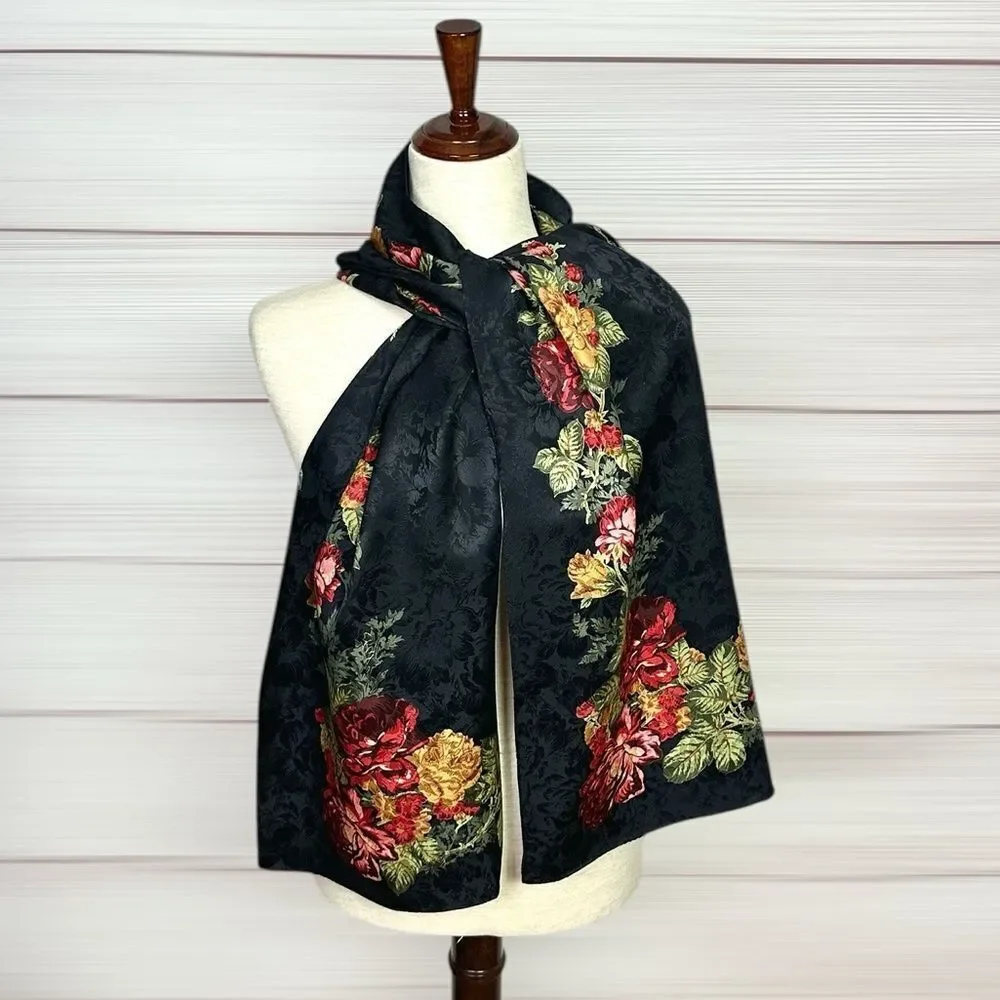 Ann Taylor Silk Oblong Scarf Large Black Jacquard Floral Print 18x70